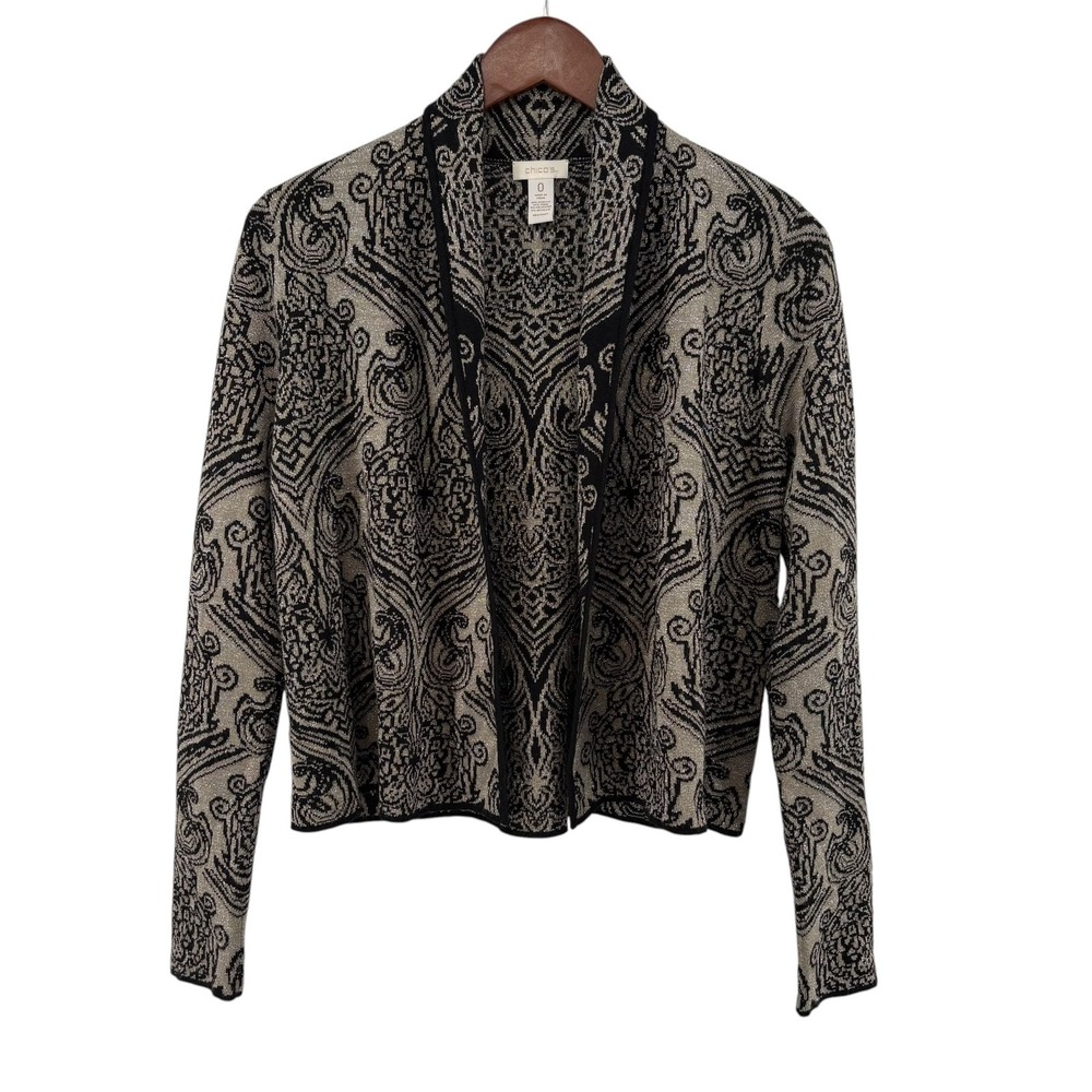Chico's Seraphina Cardigan Size 0 Metallic Wool Black Gray Baroque Scroll